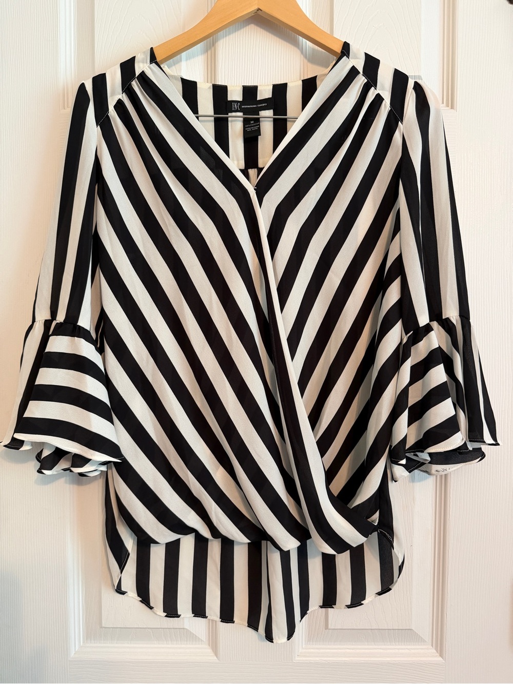 INC International Concepts Black and White Striped Wrap-Front Blouse Size Medium